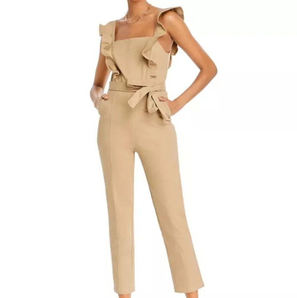 Aqua Women's Ruffle-Sleeve Tan Jumpsuit Large - Picture 1 of 9